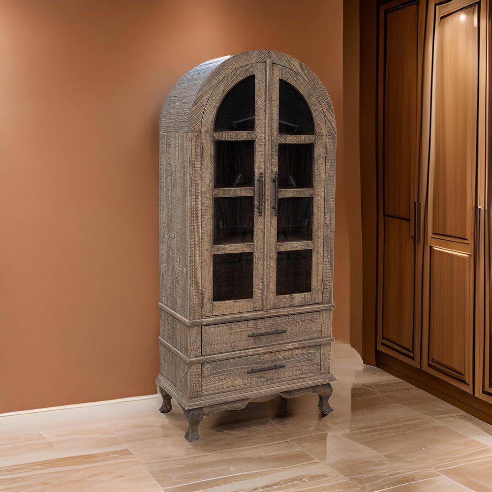 Lete 74 Inch Display China Cabinet Bookcase w Glass Doors, Gray Pine Wood By Casagear Home