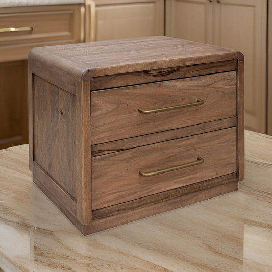 Okai Nightstand, 2 Drawers, Gold Handles, Farmhouse Light Brown Solid Wood By Casagear Home
