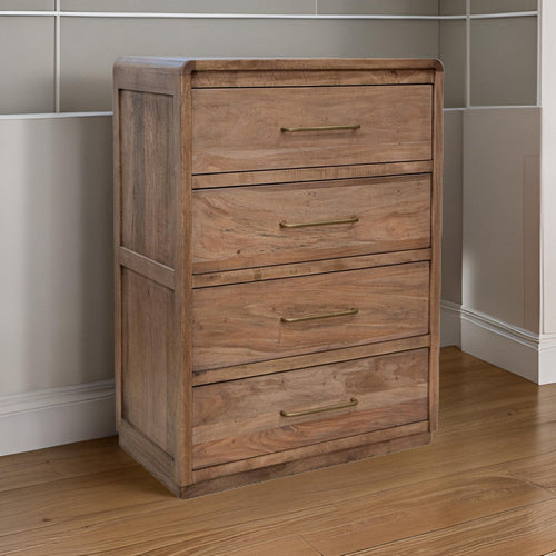 Okai Tall Dresser Chest, 4 Drawers, Gold Handles, Light Brown Solid Wood By Casagear Home