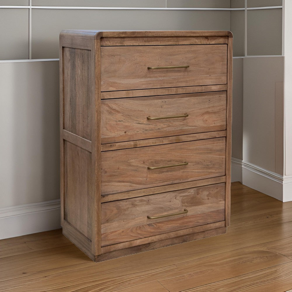 Okai Tall Dresser Chest, 4 Drawers, Gold Handles, Light Brown Solid Wood By Casagear Home