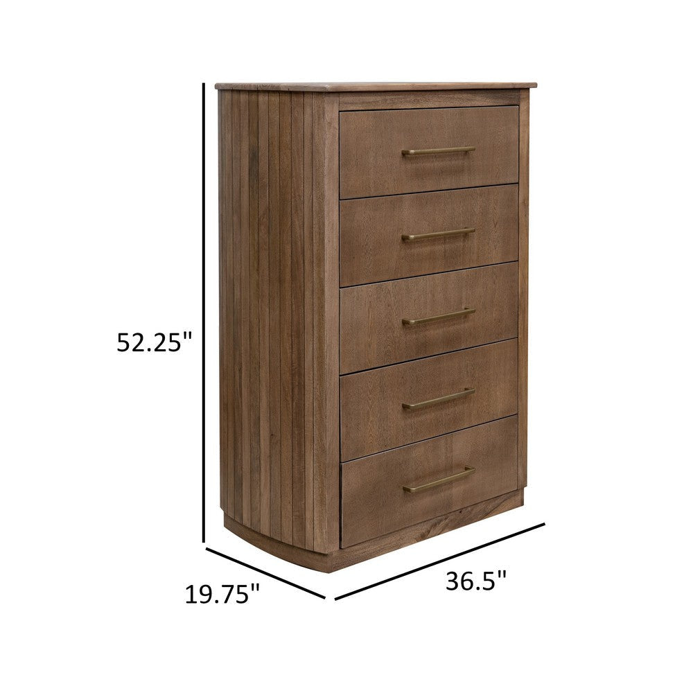 Okai Tall Dresser Chest 5 Drawers Gold Farmhouse Brown Solid Mango Wood By Casagear Home BM319298