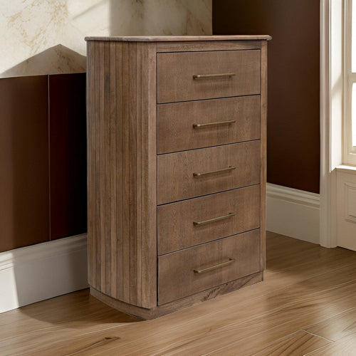 Okai Tall Dresser Chest, 5 Drawers, Gold, Farmhouse Brown Solid Mango Wood By Casagear Home