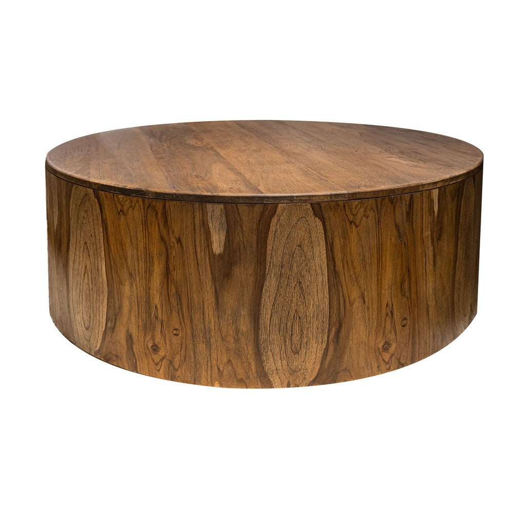 Eray Cocktail Coffee Table 42 Inch Round Drum Shape Brown Mango Wood By Casagear Home BM319299