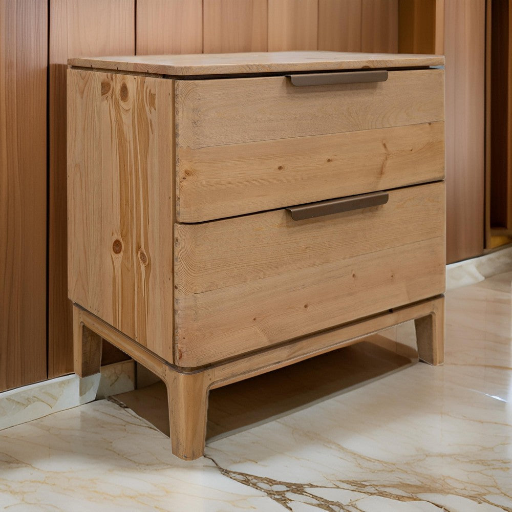 Rosy Nightstand, 2 Drawers, Bronze Metal Handles, Brown Solid Pine Wood By Casagear Home