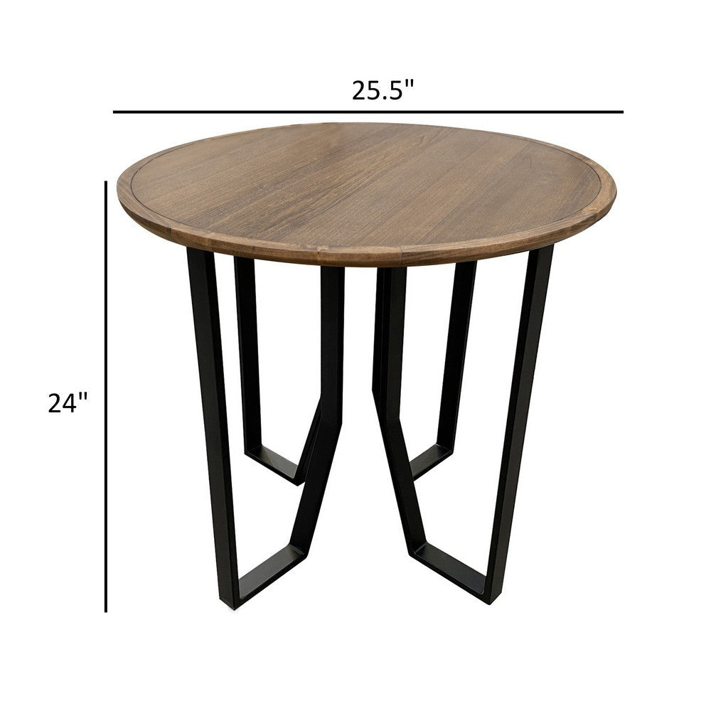 Rina Side End Table 26 Inch Round Brown Solid Wood Black Metal Frame By Casagear Home BM319301