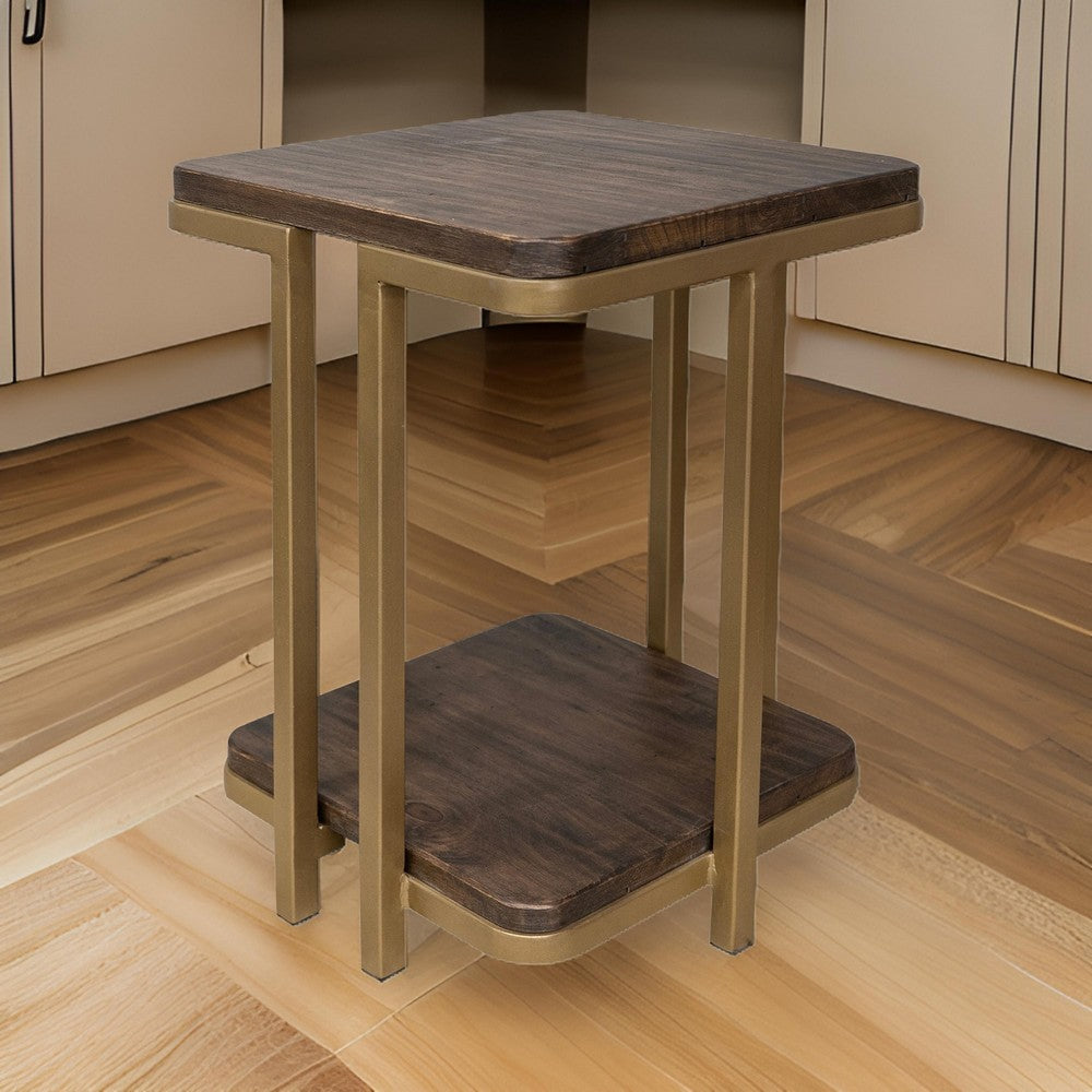 Nexa Accent Table, Lower Shelf, 18 Inch Square Solid Wood, Gold Metal By Casagear Home