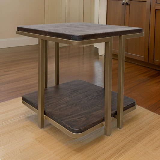 Nexa Side End Table, Bottom Shelf, 23 Inch Square Solid Wood Top, Gold By Casagear Home