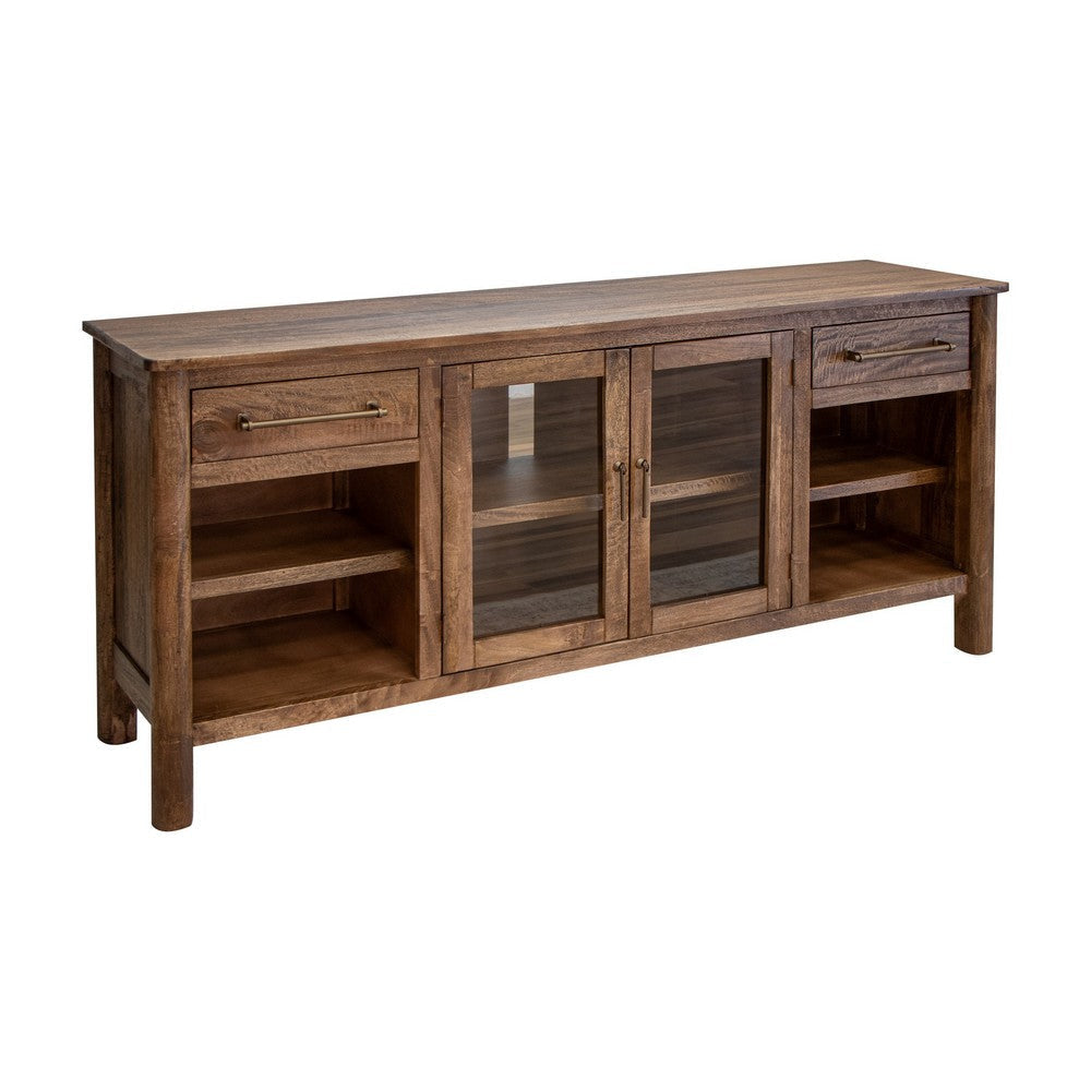 Olum 70 Inch TV Media Console Glass Doors Shelves Brown Solid Wood By Casagear Home BM319305