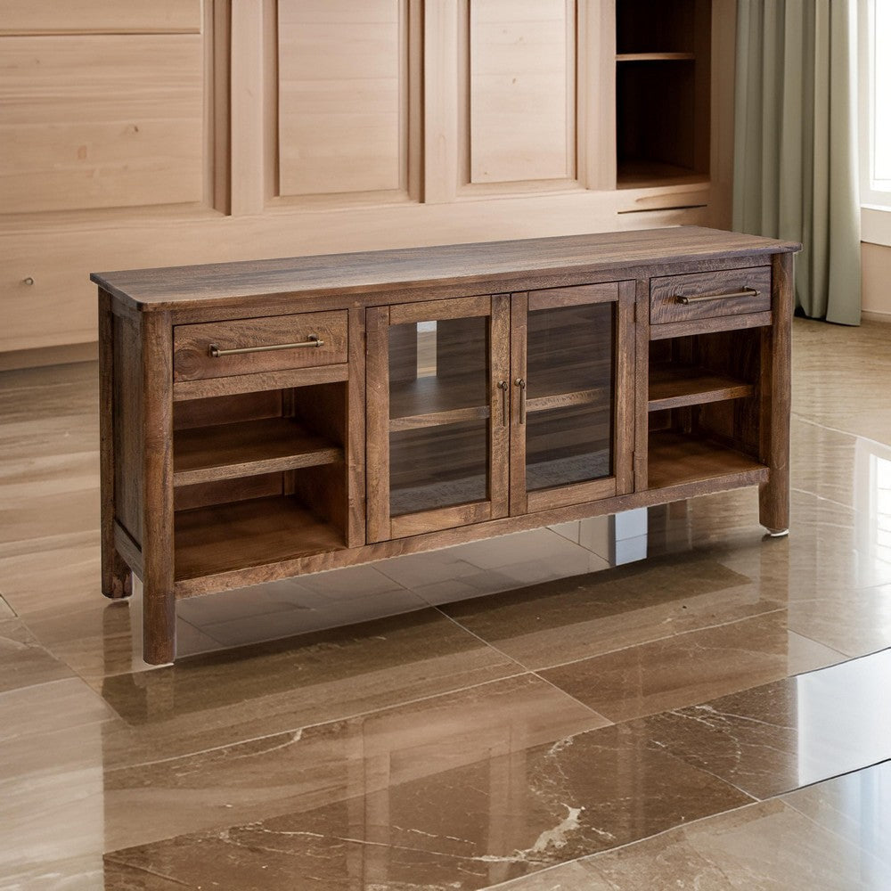 Olum 70 Inch TV Media Console, Glass Doors, Shelves, Brown Solid Wood By Casagear Home