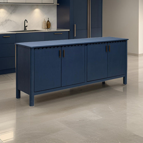 Jazz 76 Inch Sideboard Console, 4 Doors, Gold, Dark Blue Solid Pine Wood By Casagear Home