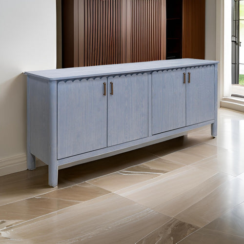 Jazz 76 Inch Sideboard Console Cabinet in Light Blue Solid Pine Wood, Gold By Casagear Home