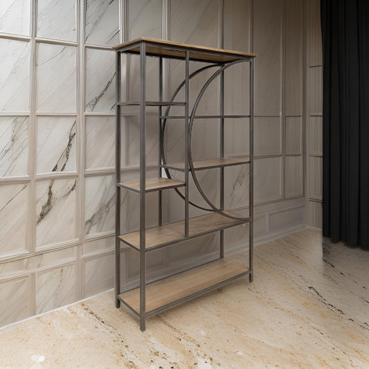 Dria 75 Inch Bookcase, 5 Shelves, Black Metal, Brown Solid Poplar Wood By Casagear Home