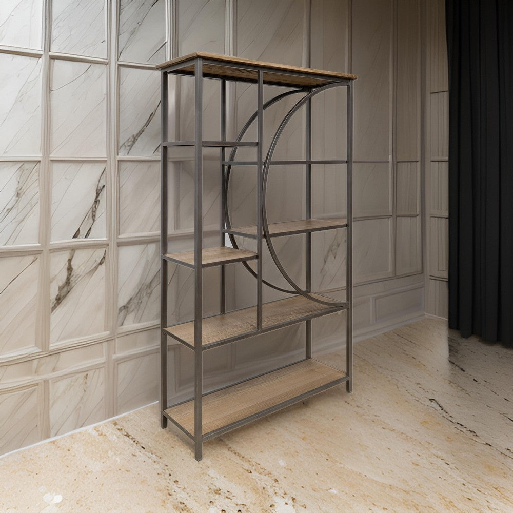 Dria 75 Inch Bookcase, 5 Shelves, Black Metal, Brown Solid Poplar Wood By Casagear Home