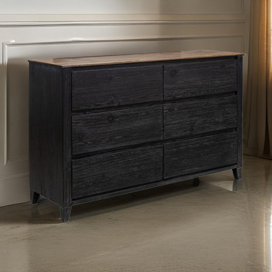 Pie Wide Dresser with 6 Drawers, Black and Rustic Brown Solid Mango Wood By Casagear Home