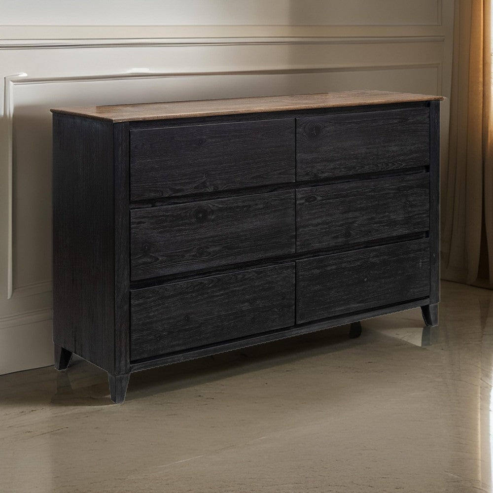 Pie Wide Dresser with 6 Drawers, Black and Rustic Brown Solid Mango Wood By Casagear Home