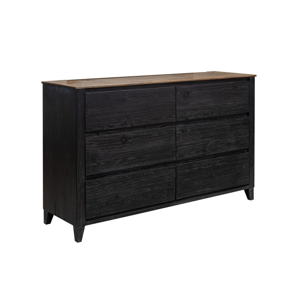 Pie Wide Dresser with 6 Drawers Black and Rustic Brown Solid Mango Wood By Casagear Home BM319309