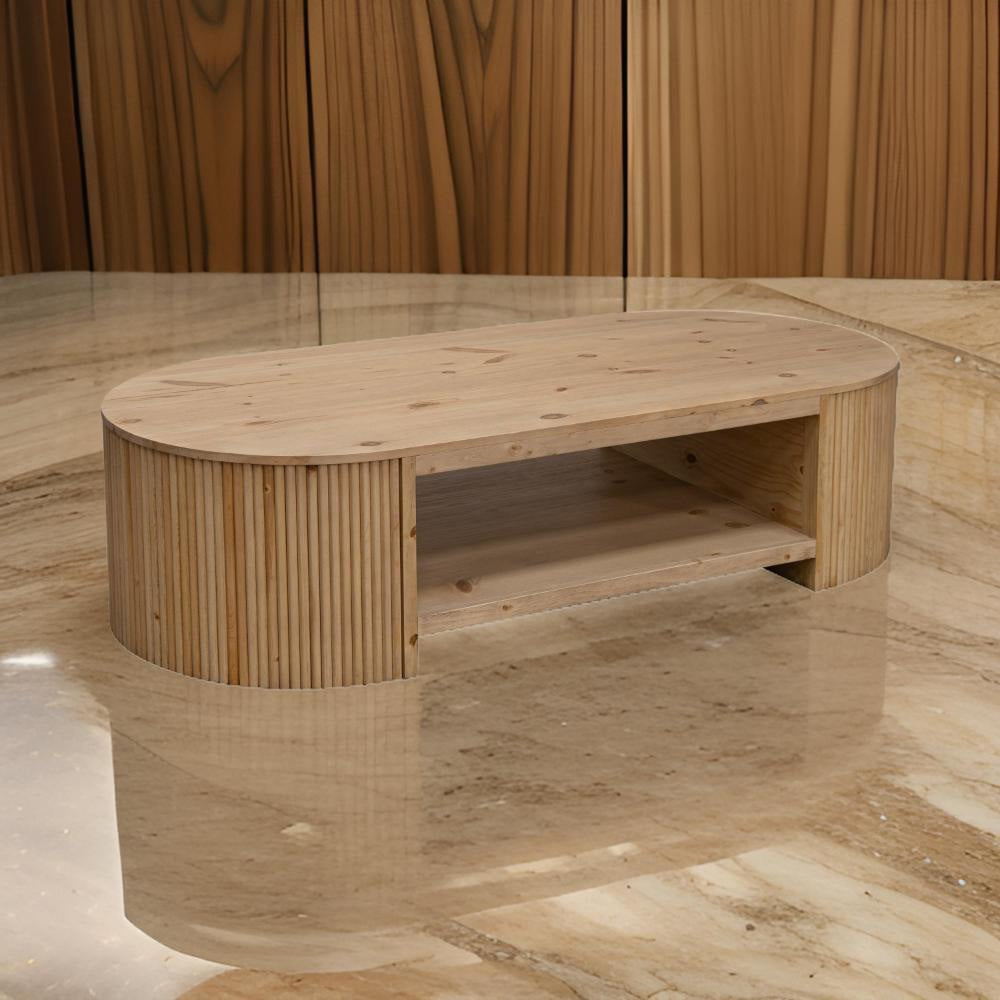 Izya 74 Inch Cocktail Coffee Table, Reeded Fluted Base, Brown Solid Wood By Casagear Home