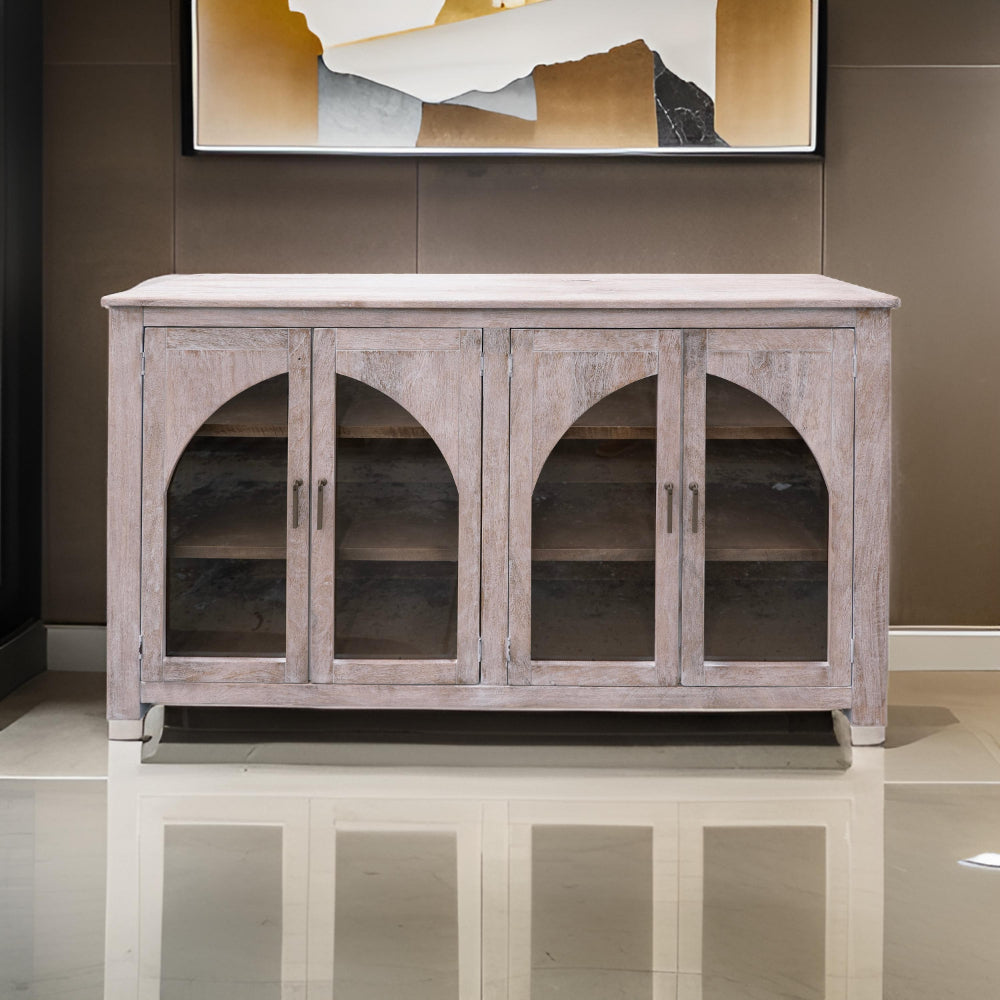 Mony 70 Inch Sideboard Console Arch Glass Doors Ivory Solid Mango Wood By Casagear Home BM319316