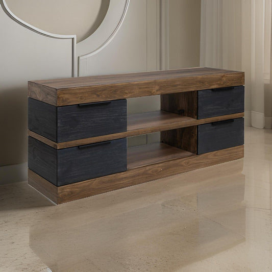 Zea 70 Inch TV Media Entertainment Console, Drawers, Black Brown Solid Wood By Casagear Home