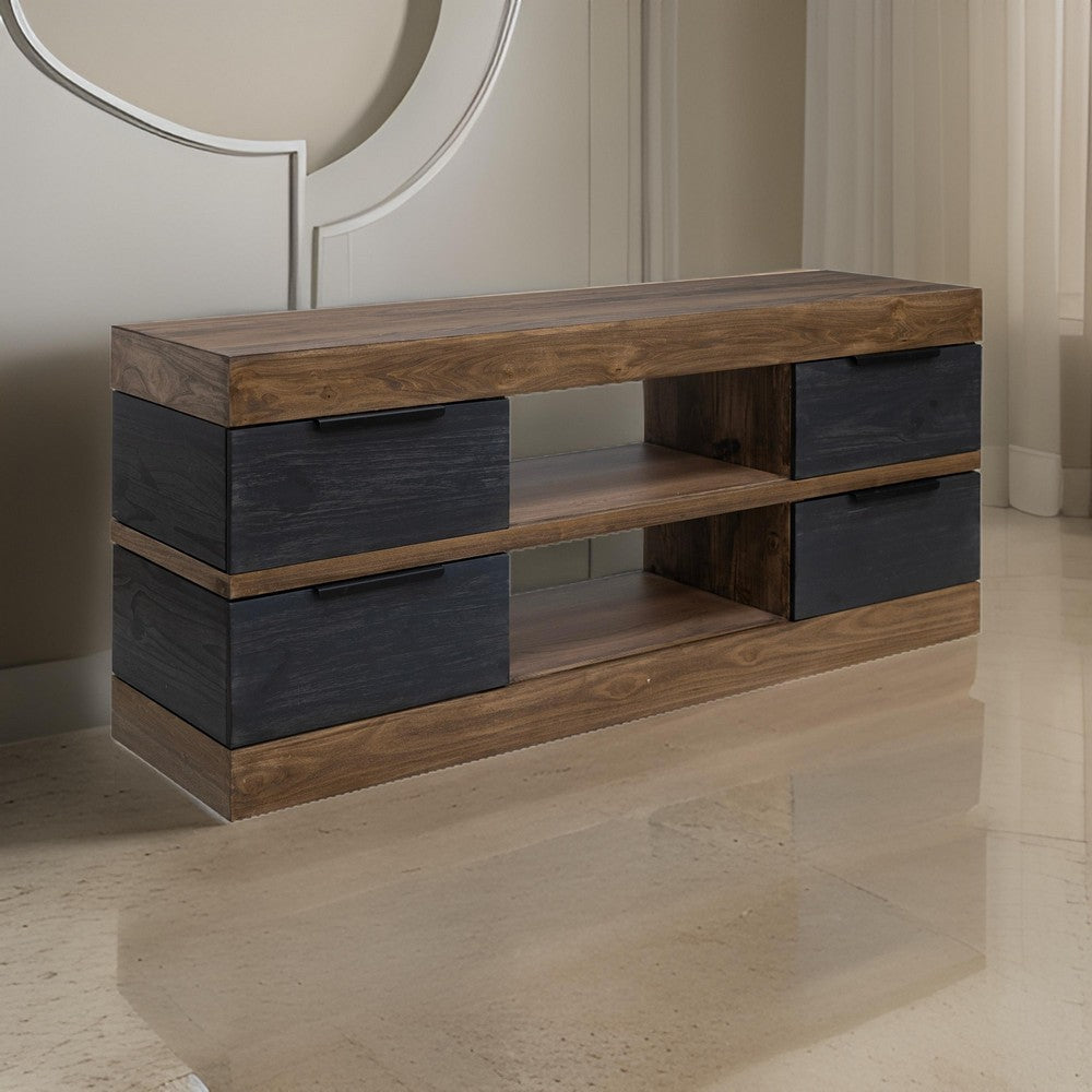 Zea 70 Inch TV Media Entertainment Console, Drawers, Black Brown Solid Wood By Casagear Home