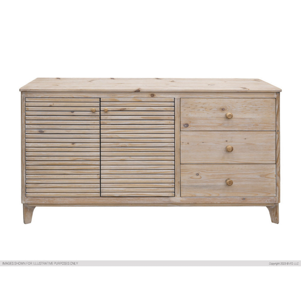 Izya 59 Inch Sideboard Console 2 Doors Natural Fluted Solid Pine Wood By Casagear Home BM319320