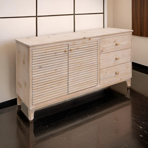 Izya 59 Inch Sideboard Console, 2 Doors, Natural Fluted Solid Pine Wood By Casagear Home