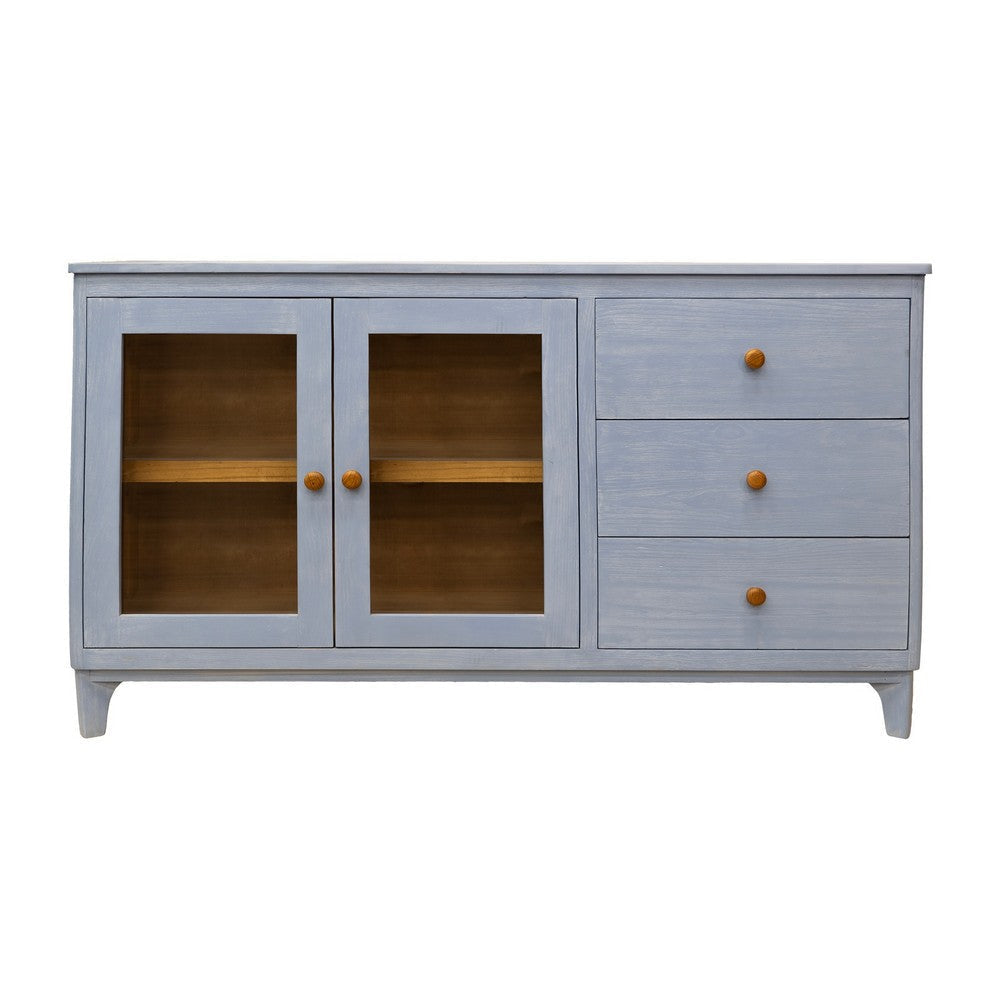 Izya 59 Inch Sideboard Console 2 Glass Doors 3 Drawers Blue Solid Wood By Casagear Home BM319322