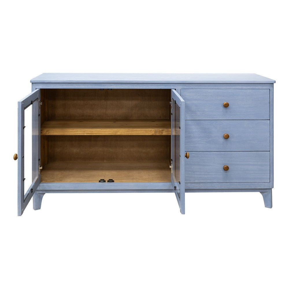 Izya 59 Inch Sideboard Console 2 Glass Doors 3 Drawers Blue Solid Wood By Casagear Home BM319322