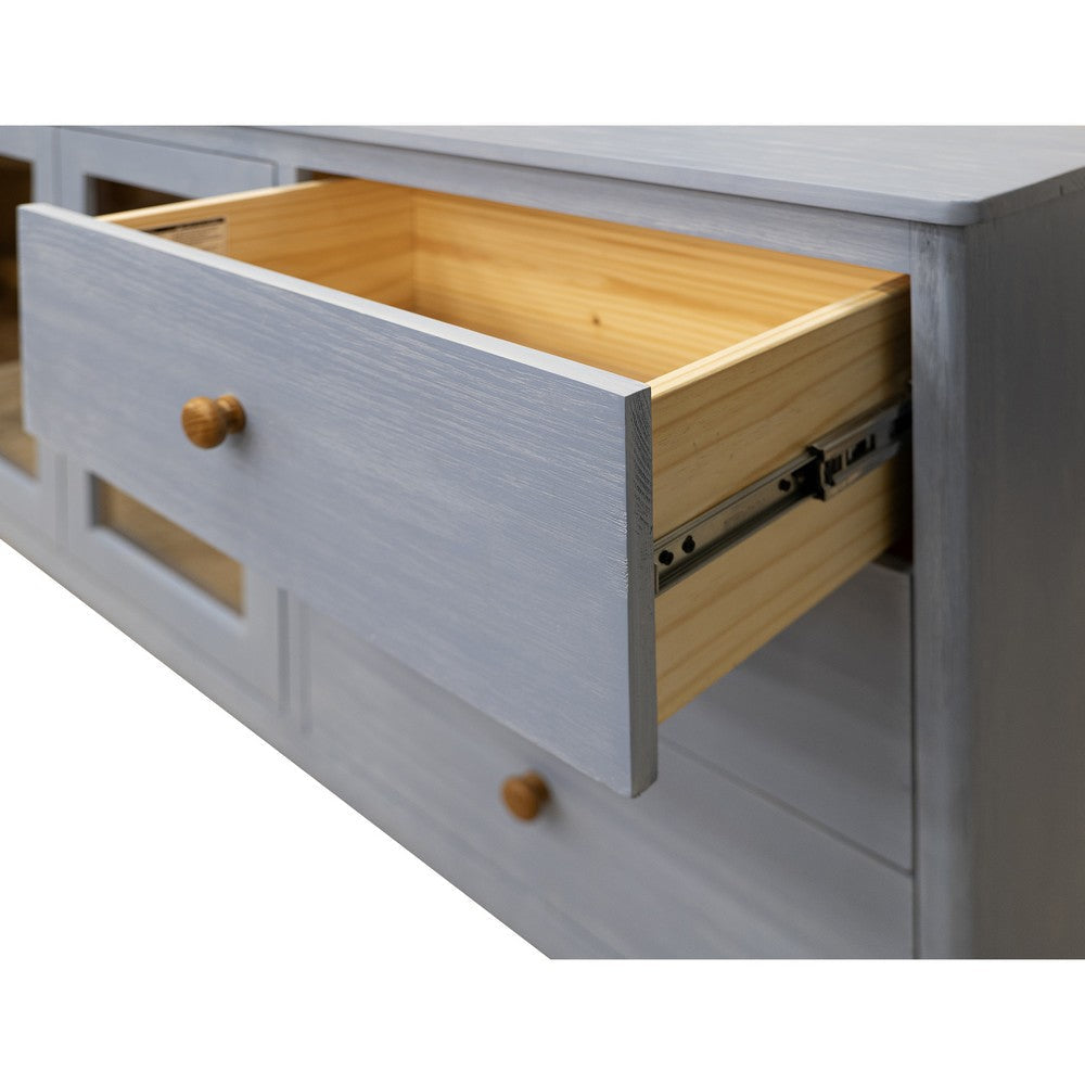 Izya 59 Inch Sideboard Console 2 Glass Doors 3 Drawers Blue Solid Wood By Casagear Home BM319322