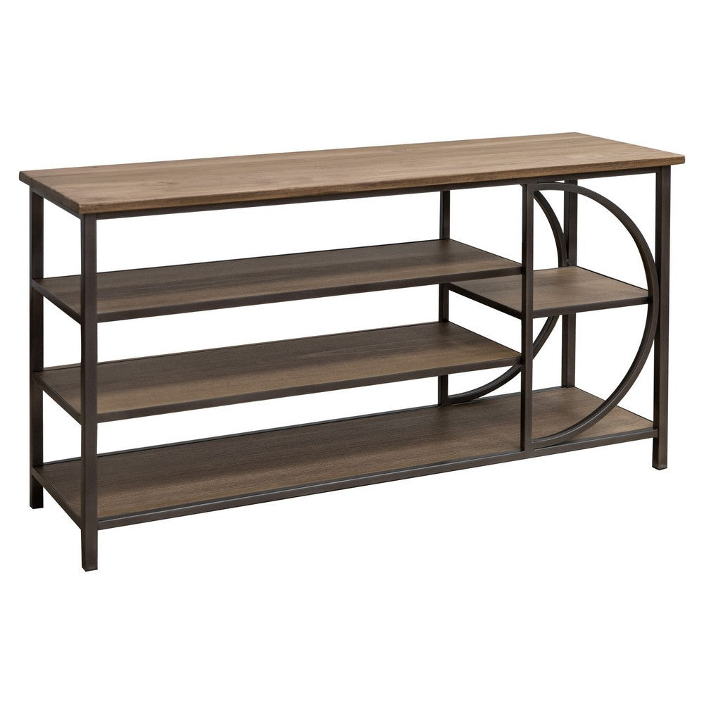 Dria 55 Inch Sofa Table, 5 Shelves, Black Metal, Brown Solid Poplar Wood By Casagear Home