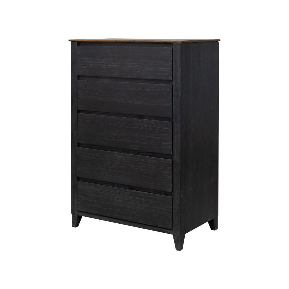 Pie Tall Dresser Chest with 5 Drawers Black Brown Solid Mango Wood By Casagear Home BM319326