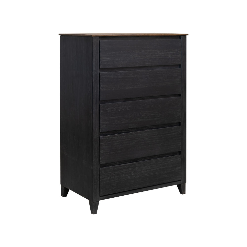 Pie Tall Dresser Chest with 5 Drawers, Black Brown Solid Mango Wood By Casagear Home