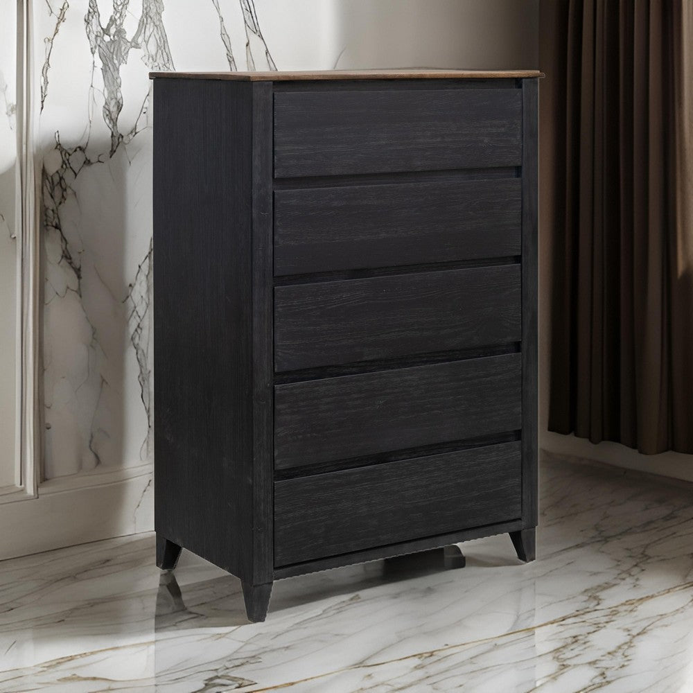 Pie Tall Dresser Chest with 5 Drawers, Black Brown Solid Mango Wood By Casagear Home