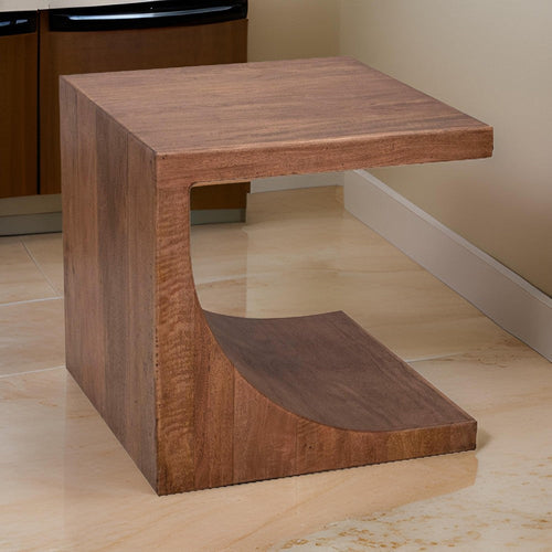 Okai Side End Table, 24 Inch Tabletop, C-Style Brown Solid Mango Wood By Casagear Home