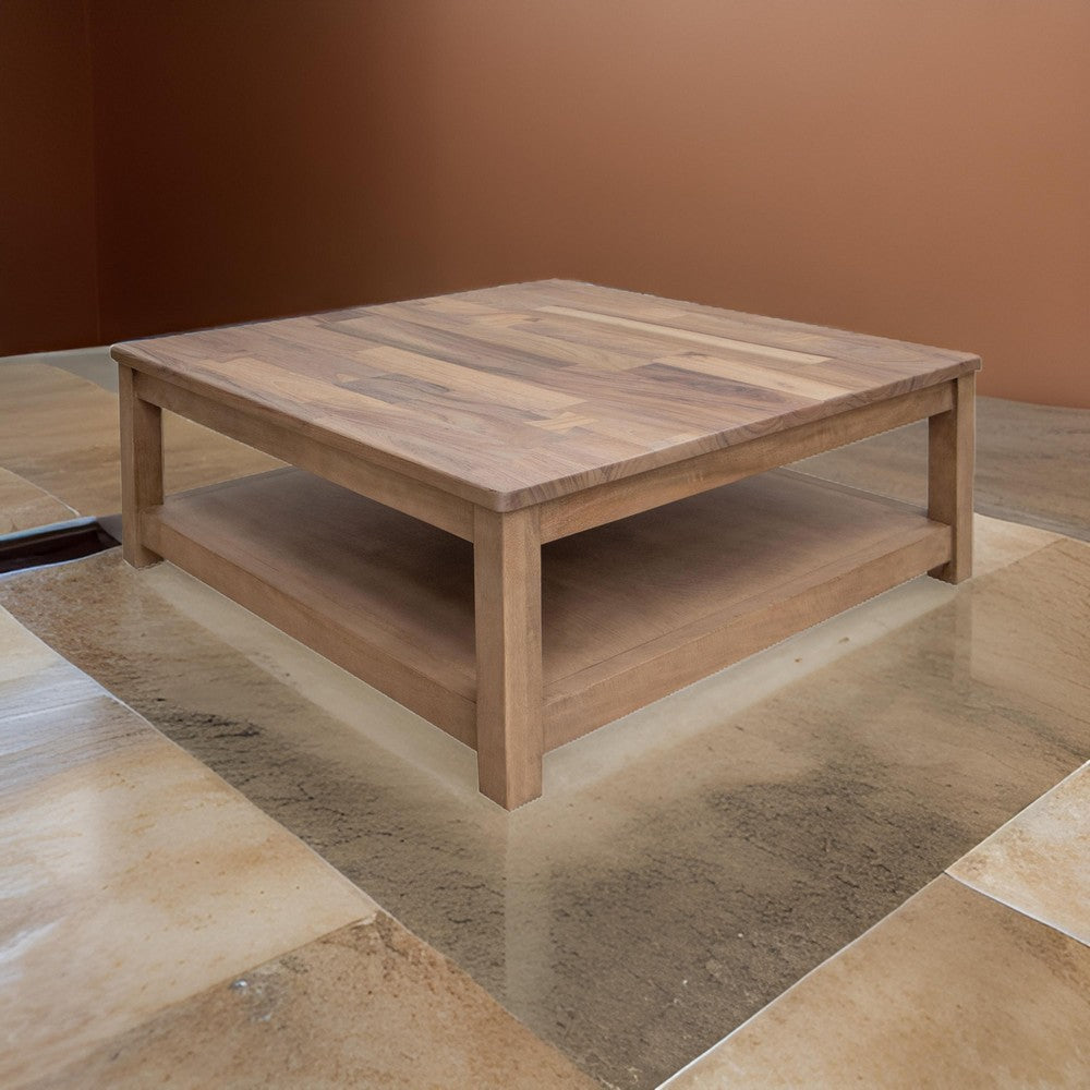 Umey Cocktail Coffee Table, 45 Inch Square w Bottom Shelf, Brown Solid Wood By Casagear Home