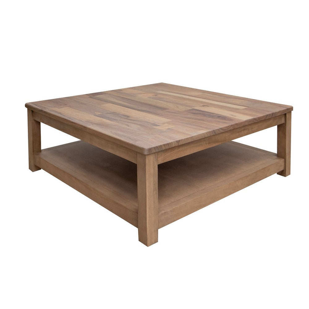 Umey Cocktail Coffee Table 45 Inch Square w Bottom Shelf Brown Solid Wood By Casagear Home BM319328