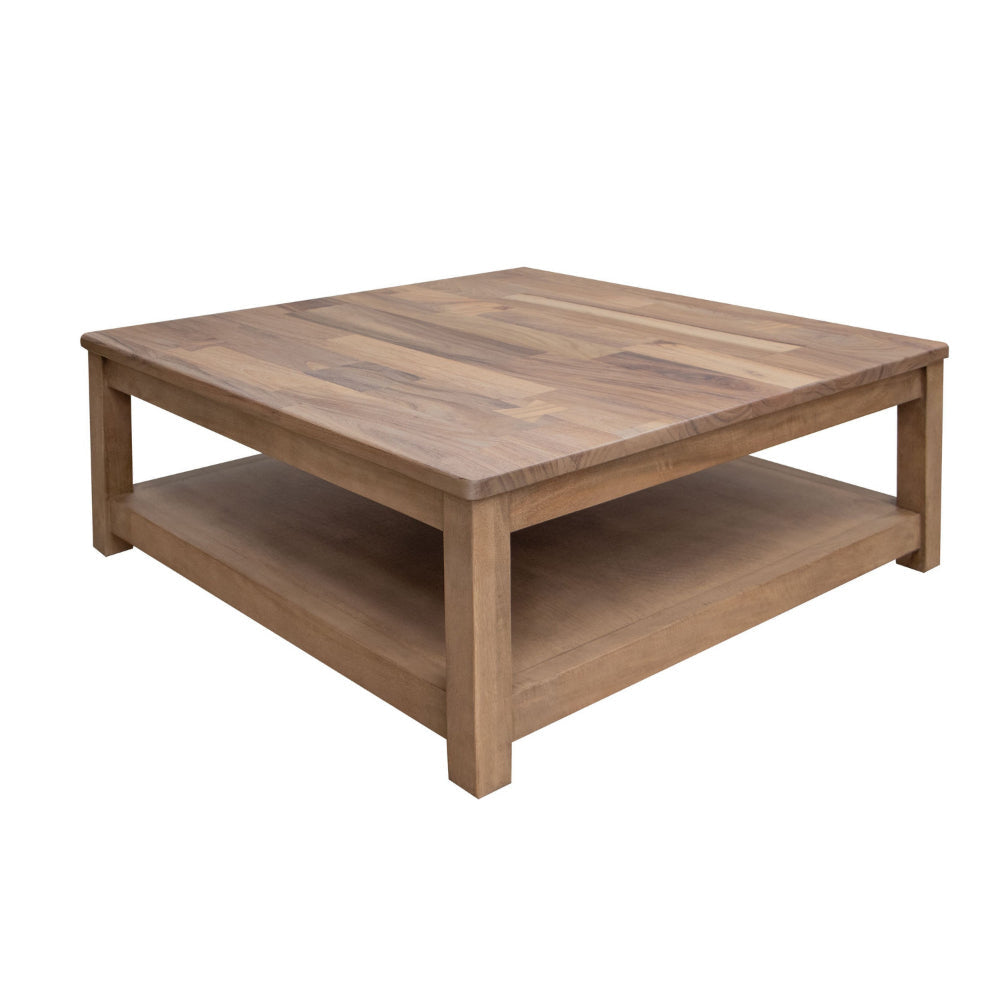 Umey Cocktail Coffee Table, 45 Inch Square w Bottom Shelf, Brown Solid Wood By Casagear Home