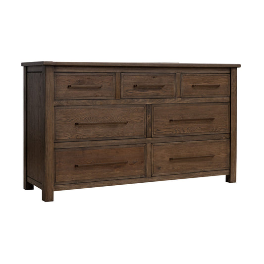 Loe Wide Dresser, 7 Drawers, Bronze, Farmhouse Brown Solid Poplar Wood By Casagear Home