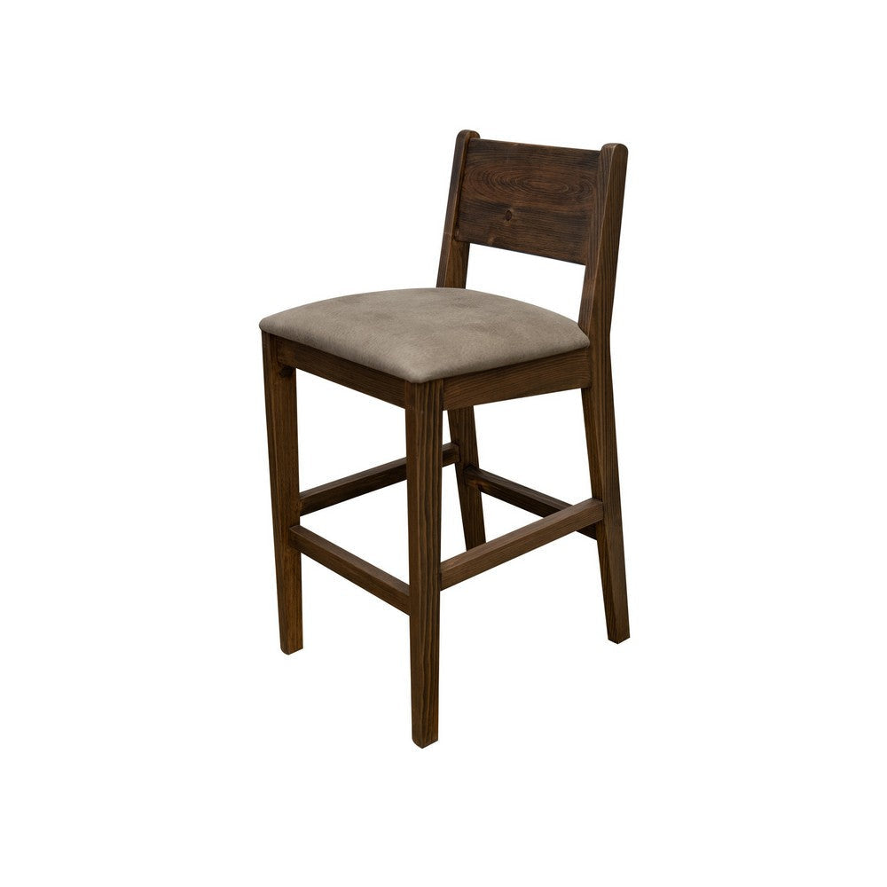 Loe 30 Inch Barstool Set of 2 Panel Back Gray Brown Solid Pine Wood By Casagear Home BM319332