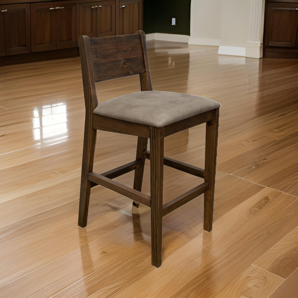 Loe 30 Inch Barstool Set of 2, Panel Back, Gray, Brown Solid Pine Wood By Casagear Home