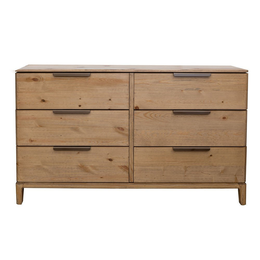 Rosy Wide Dresser 6 Drawers Metal Handles Brown Solid Pine Wood Finish By Casagear Home BM319333