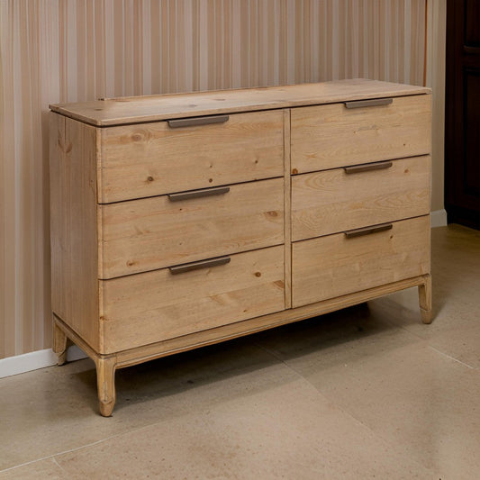 Rosy Wide Dresser, 6 Drawers, Metal Handles, Brown Solid Pine Wood Finish By Casagear Home