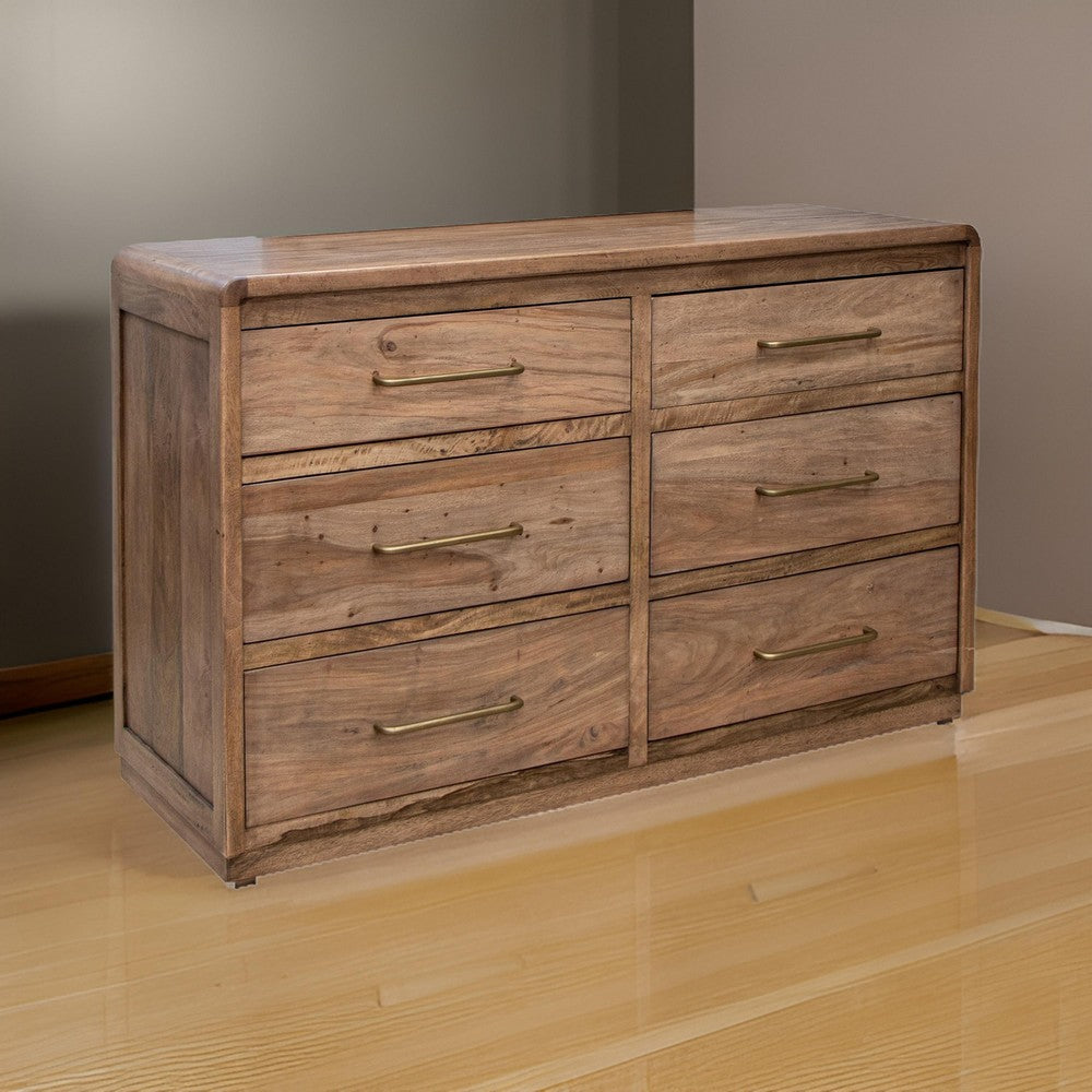 Okai Wide Dresser, 6 Drawers, Gold Metal, Farmhouse Light Brown Solid Wood By Casagear Home