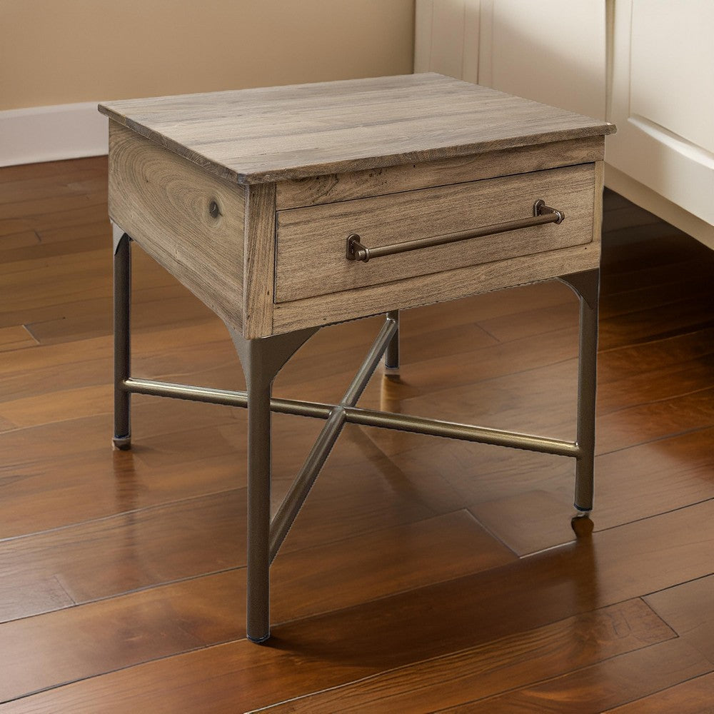 Bera 23 Inch Side End Table with Drawer, Farmhouse Brown Solid Wood, Bronze By Casagear Home