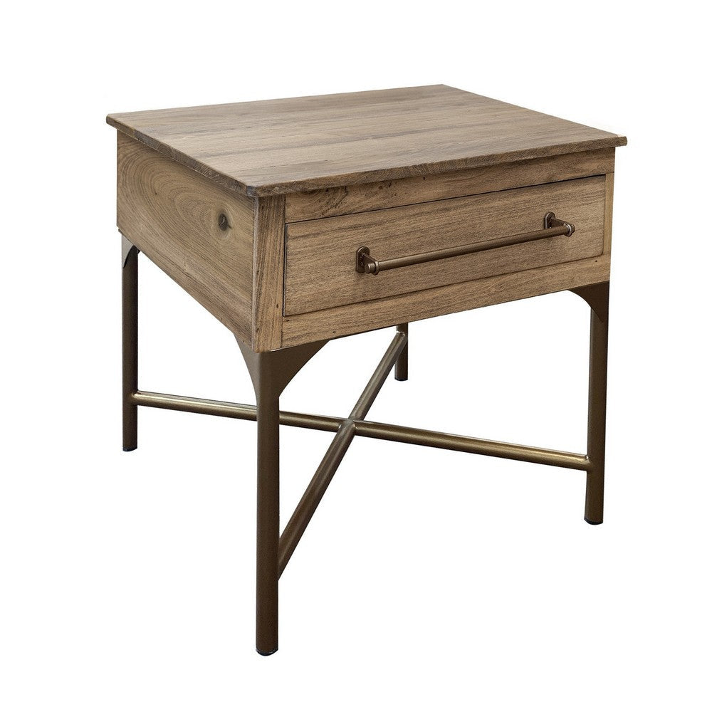 Bera 23 Inch Side End Table with Drawer Farmhouse Brown Solid Wood Bronze By Casagear Home BM319337