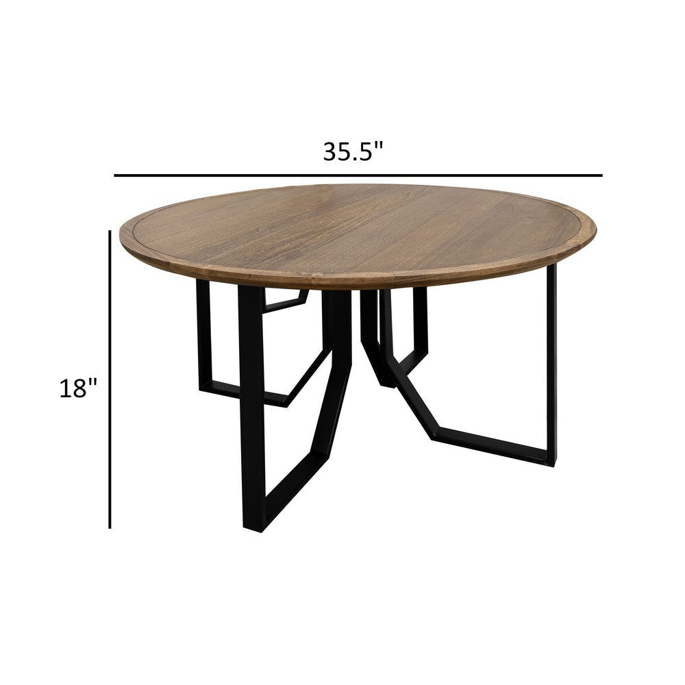 Rina Cocktail Coffee Table 36 Inch Round Brown Solid Wood Black Metal By Casagear Home BM319342