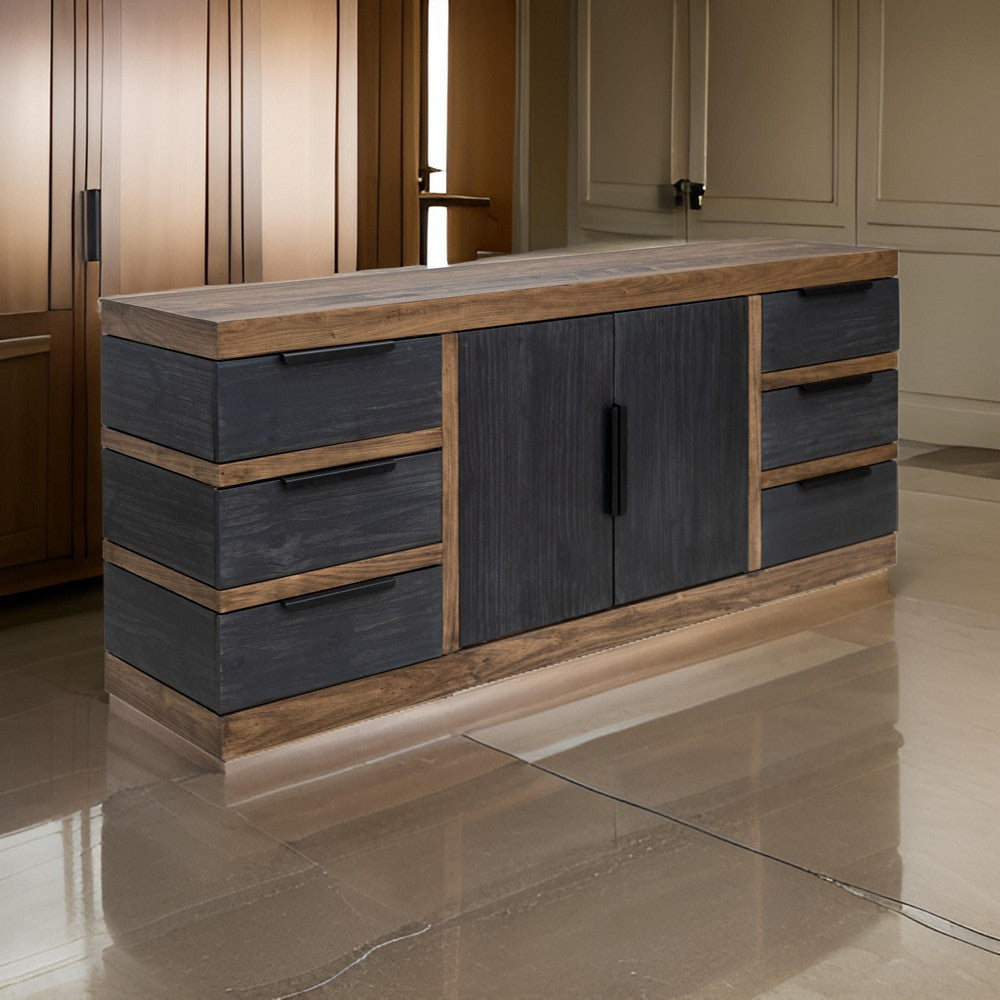 Zea 76 Inch Sideboard Console Cabinet, Solid Wood 2 Tone Rich Brown, Gray  By Casagear Home