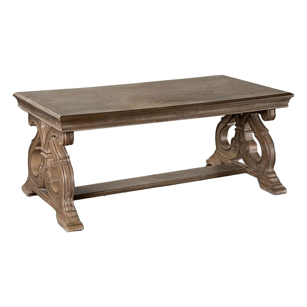 Gia Coffee Table 52 Inch Rectangular Top Carved Details Brown Solid Wood By Casagear Home BM319504