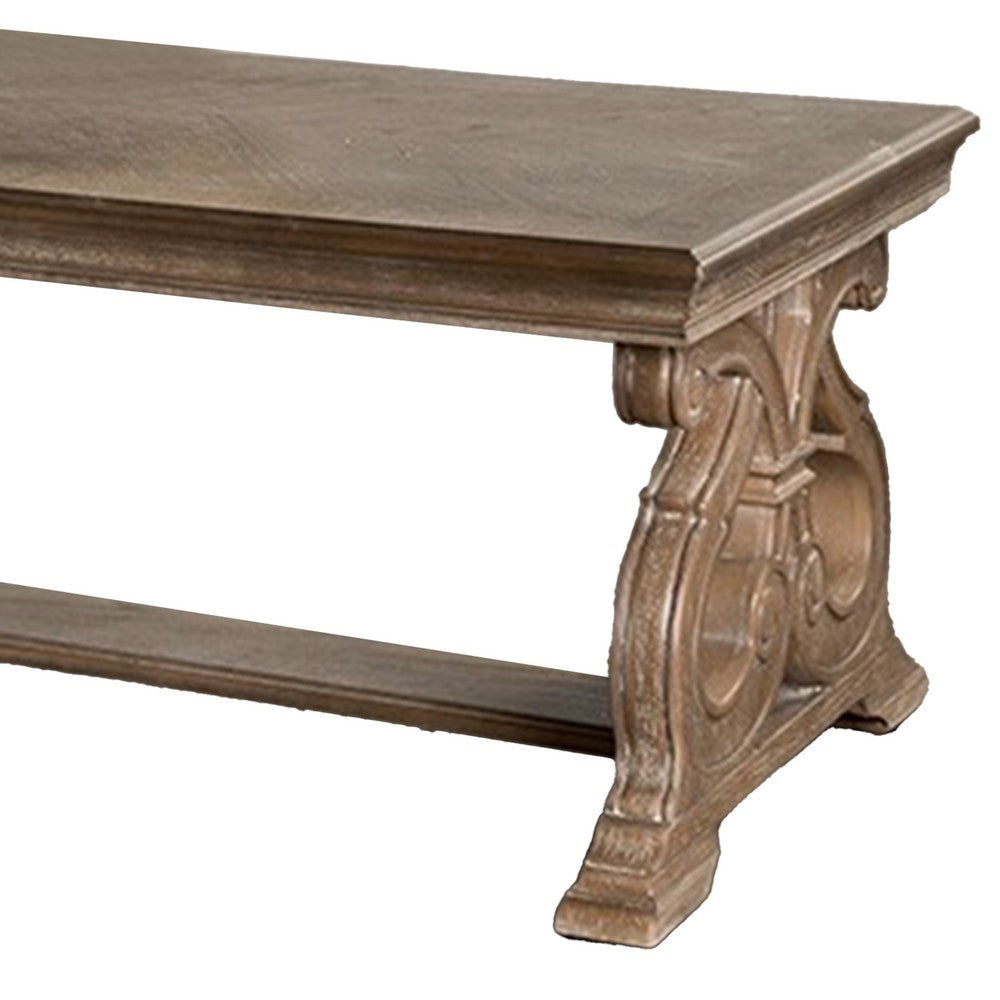 Gia Coffee Table 52 Inch Rectangular Top Carved Details Brown Solid Wood By Casagear Home BM319504