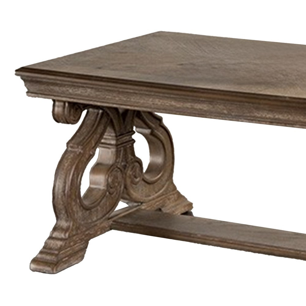 Gia Coffee Table 52 Inch Rectangular Top Carved Details Brown Solid Wood By Casagear Home BM319504